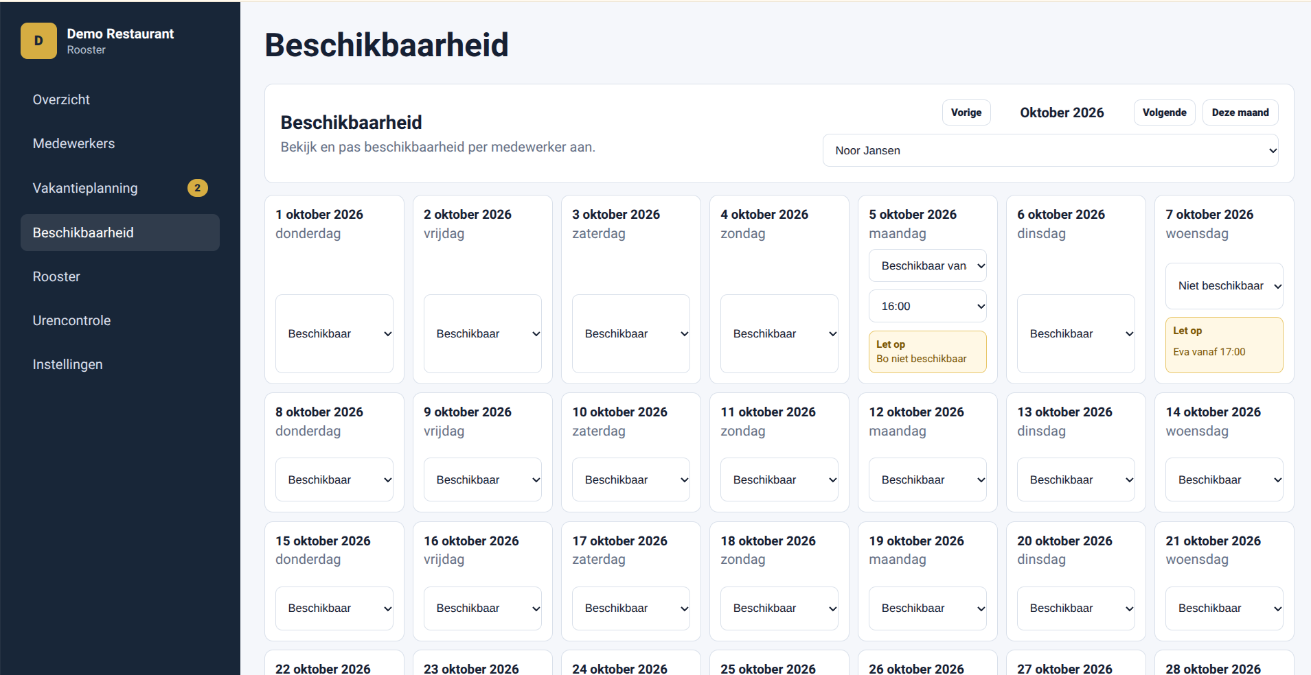 Beschikbaarheidskalender