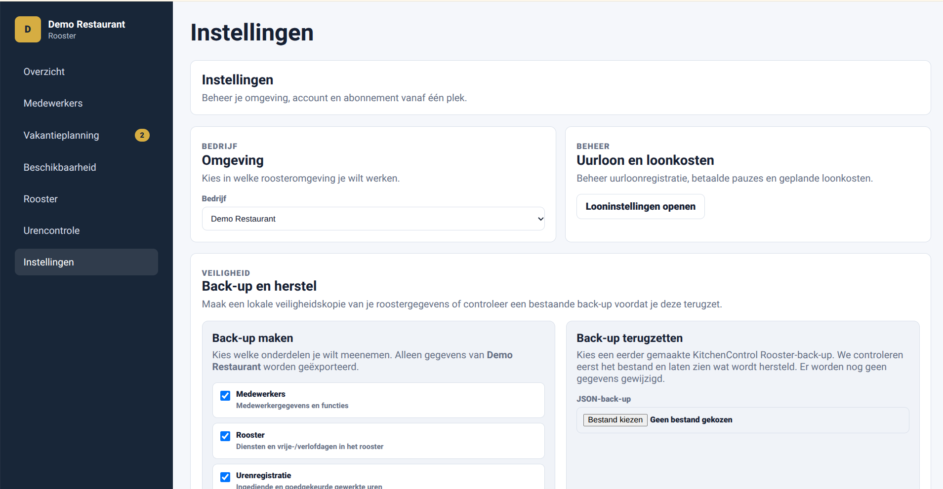 Instellingen van de roosterapp