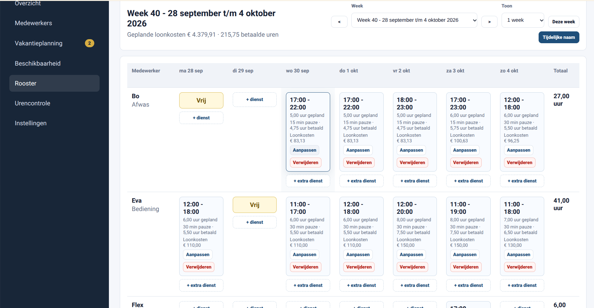 Weekrooster in Online Rooster App